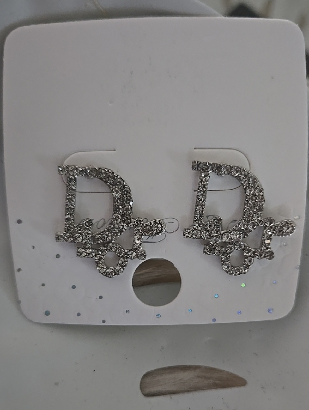Crystal 'D' Logo Stud Earrings - Silver Rhinestone